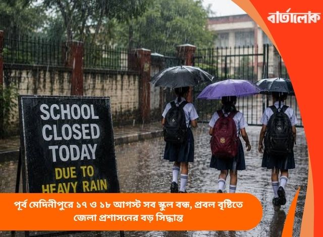 পূর্ব মেদিনীপুরে ১৭ ও ১৮ আগস্ট সব স্কুল বন্ধ, প্রবল বৃষ্টিতে জেলা প্রশাসনের বড় সিদ্ধান্ত