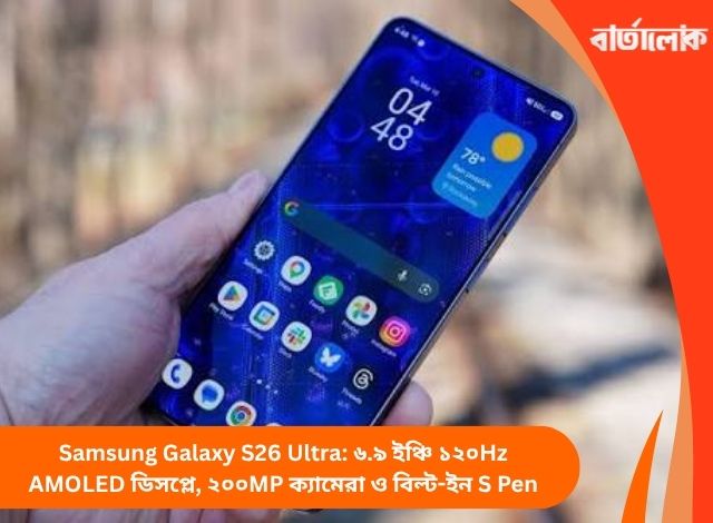 Samsung Galaxy S26 Ultra: ৬.৯ ইঞ্চি ১২০Hz AMOLED ডিসপ্লে, ২০০MP ক্যামেরা ও বিল্ট-ইন S Pen